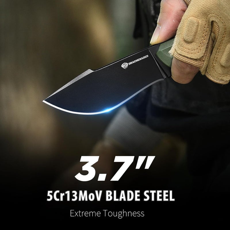 DRACHENADER 7.68" Small Fixed Blade Knife with Fire Starter L-Y, Full Tang Survival Knife w/Sheath and Clip, Camping, Green+ Black - Image 3